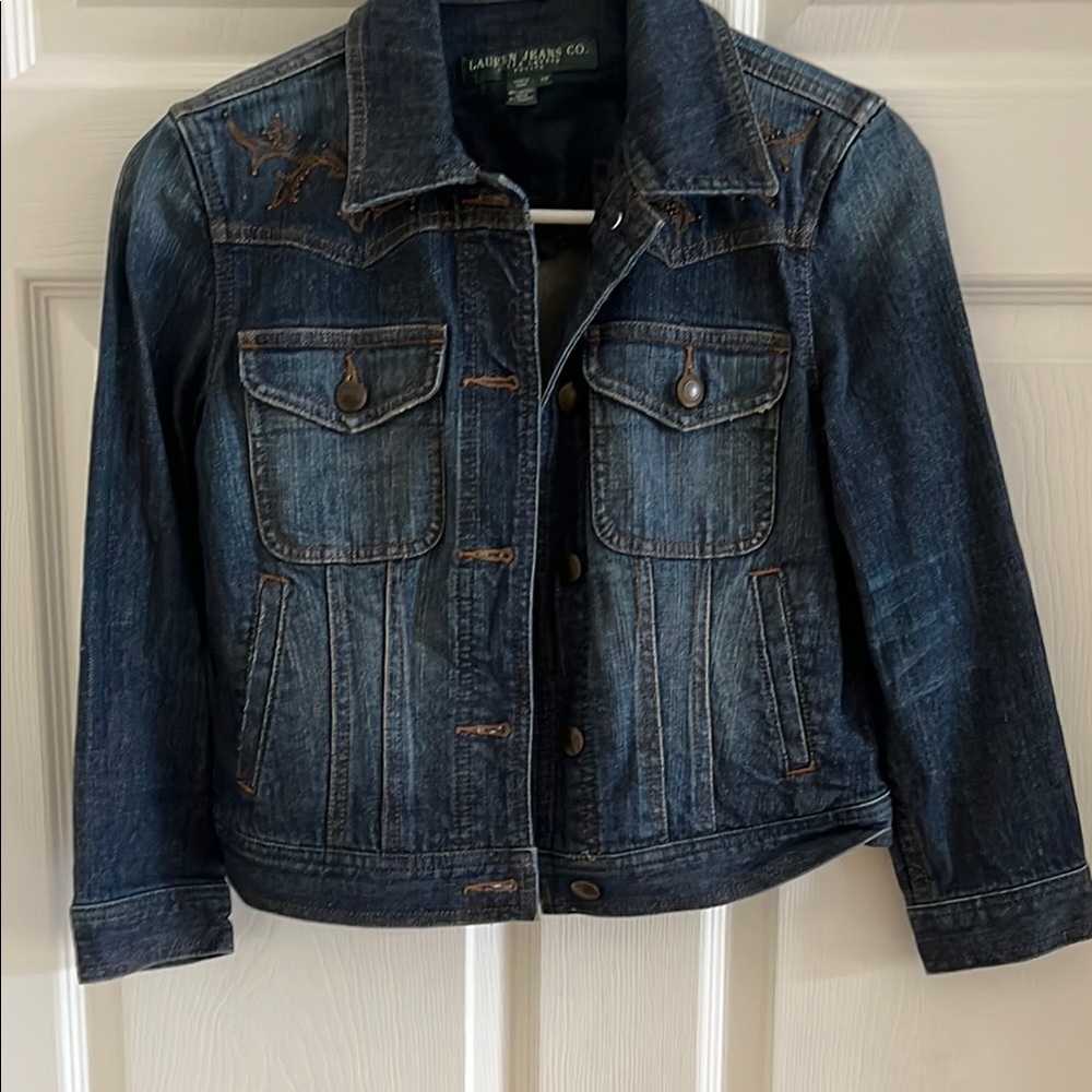 Ralph Lauren Blue Cropped Jean Jacket with Pointed Collar